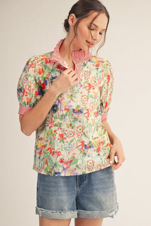 JODIFL Women's Top Stripe Contrast Accent Ruffled Neck Floral Top