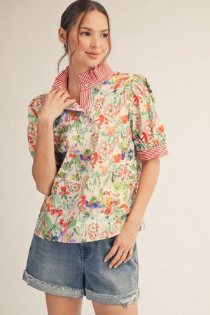 JODIFL Women's Top Stripe Contrast Accent Ruffled Neck Floral Top