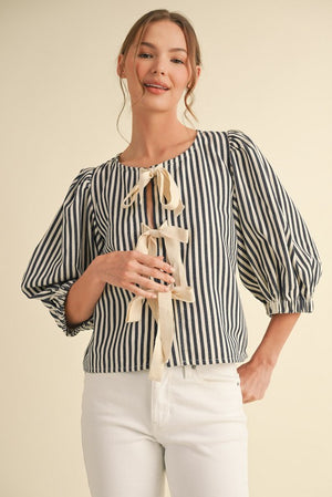 JODIFL Women's Top Stripes Ties 3/4 Sleeves Top || David's Clothing