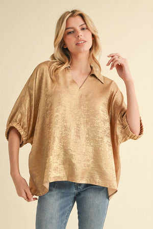 JODIFL Women's Top TAUPE / S Metallic 1/2 Dolman Sleeves Top || David's Clothing G13482