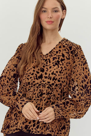 JODIFL Women's Top Toffee Leopard Print Baby Doll Top || David's Clothing