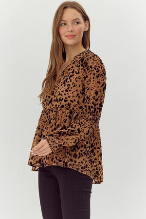 JODIFL Women's Top Toffee Leopard Print Baby Doll Top || David's Clothing