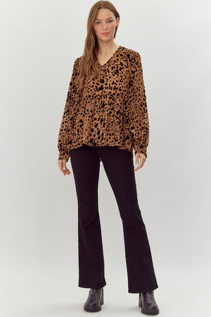 JODIFL Women's Top Toffee Leopard Print Baby Doll Top || David's Clothing