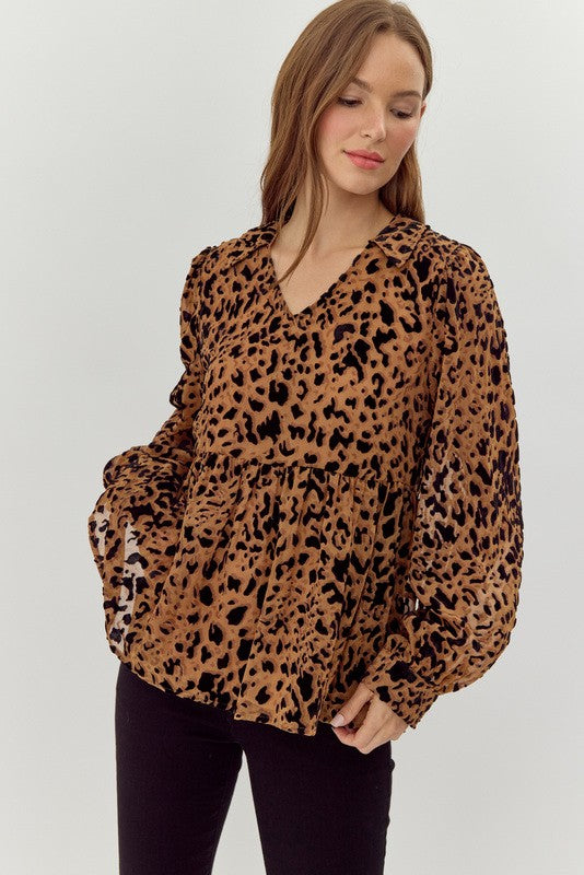 JODIFL Women's Top Toffee Leopard Print Baby Doll Top || David's Clothing