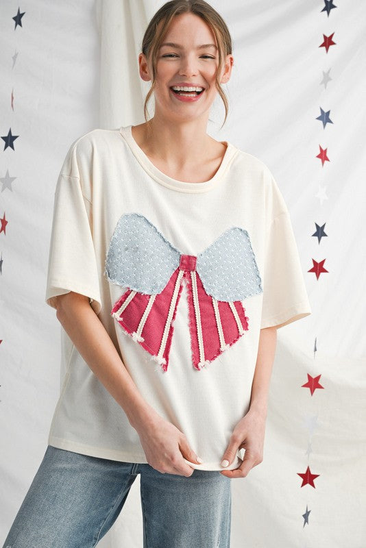 JODIFL Women's Top Vintage Bow Shape Flag Patched Top || David's Clothing