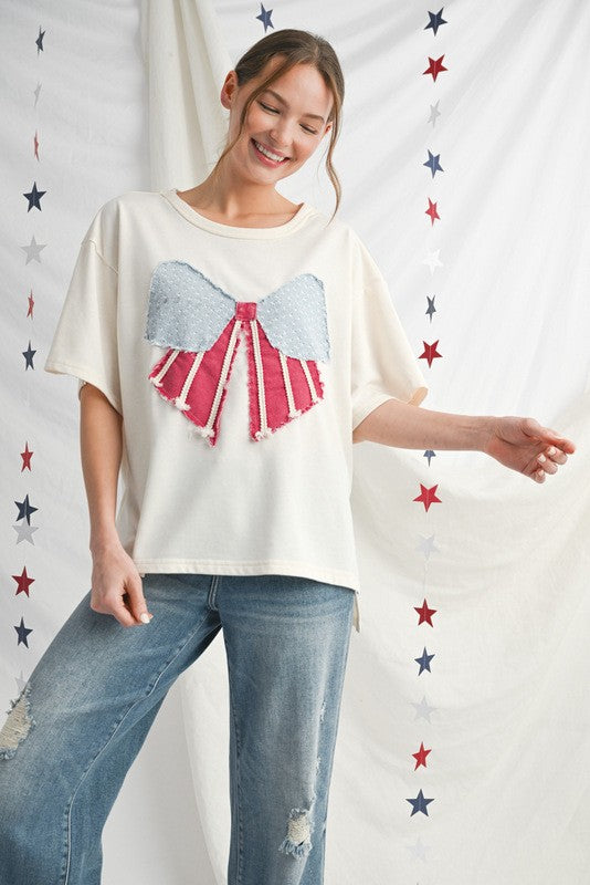 JODIFL Women's Top Vintage Bow Shape Flag Patched Top || David's Clothing