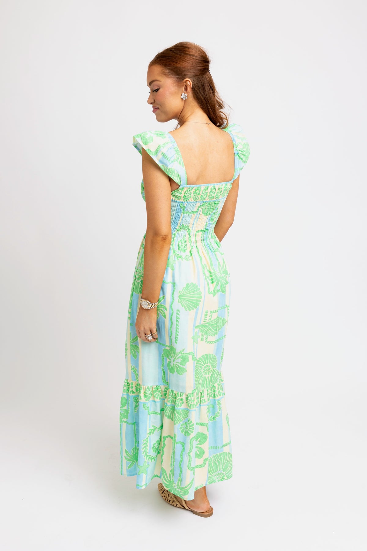 KARLIE CLOTHES Women's Dresses Karlie Green Sea Shell Poplin Smock Maxi Dress