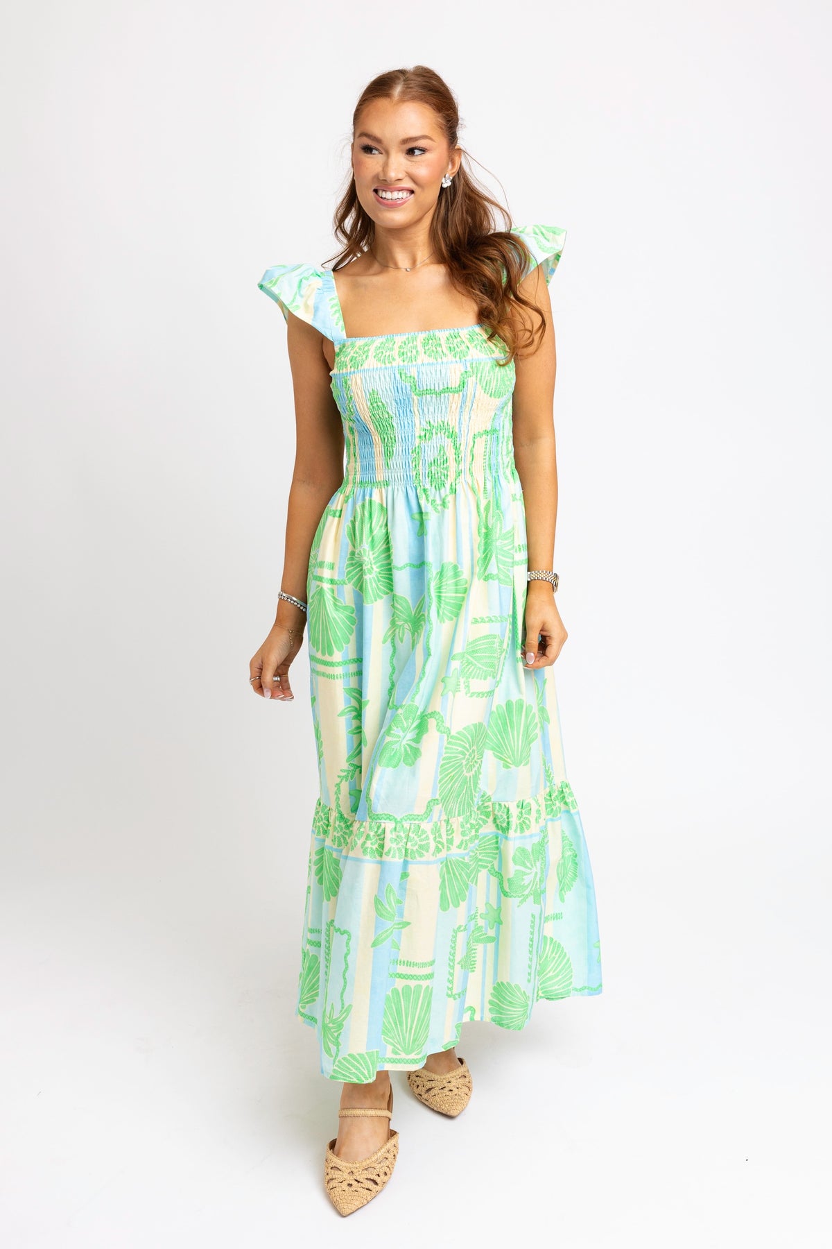 KARLIE CLOTHES Women's Dresses Karlie Green Sea Shell Poplin Smock Maxi Dress
