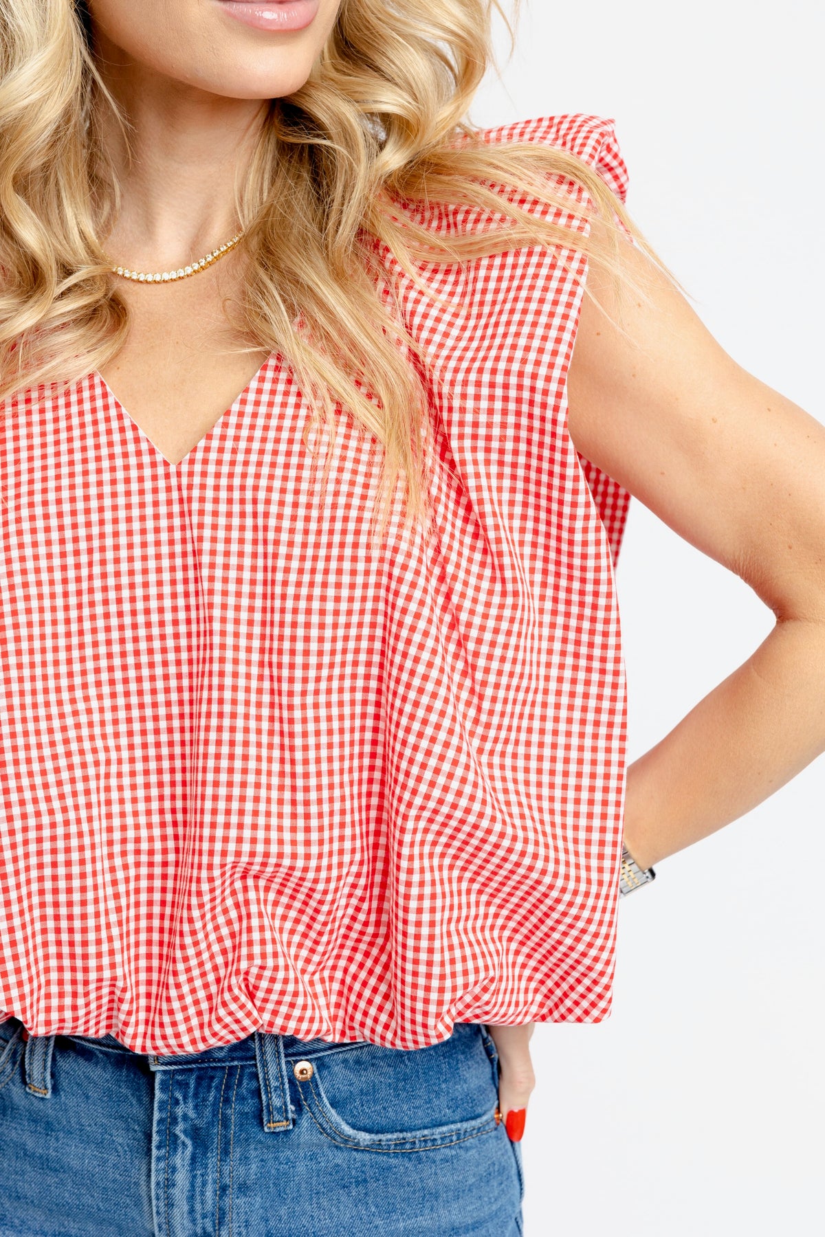 KARLIE CLOTHES Women's Top Karlie Gingham Poplin Bubble Sleeve Top