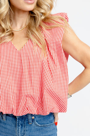 KARLIE CLOTHES Women's Top Karlie Gingham Poplin Bubble Sleeve Top