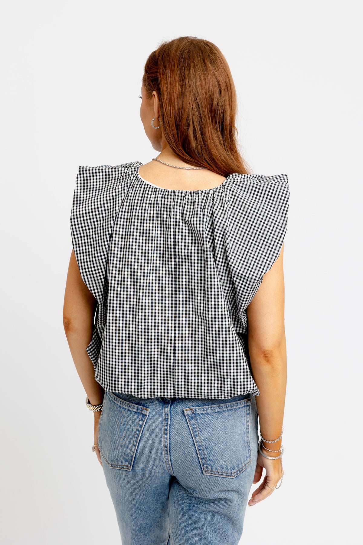 KARLIE CLOTHES Women's Top Karlie Gingham Poplin Bubble Sleeve Top