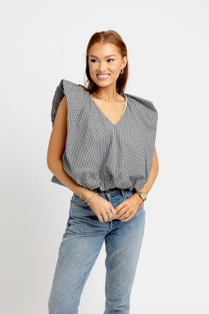 KARLIE CLOTHES Women's Top Karlie Gingham Poplin Bubble Sleeve Top