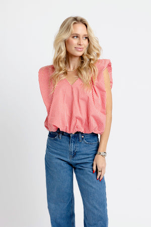KARLIE CLOTHES Women's Top RED / S Karlie Gingham Poplin Bubble Sleeve Top ET5300AKL