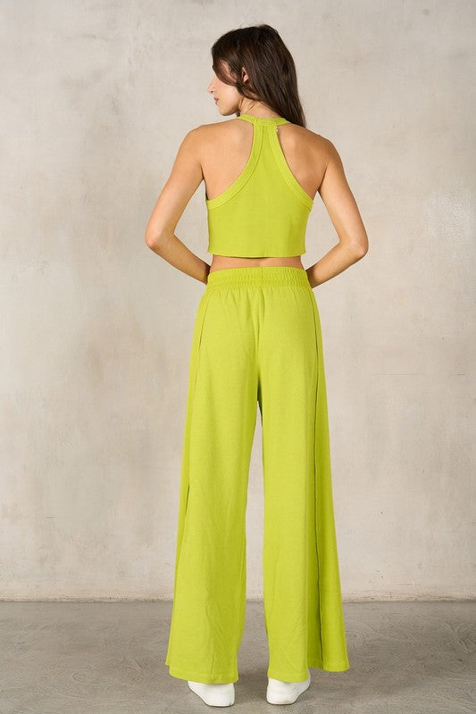 LABIZ Women's Top LIME / S Halter Neck Crop Top and Pants Set || David's Clothing MST31203