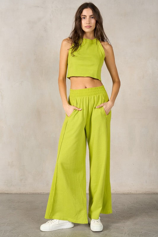 LABIZ Women's Top LIME / S Halter Neck Crop Top and Pants Set || David's Clothing MST31203