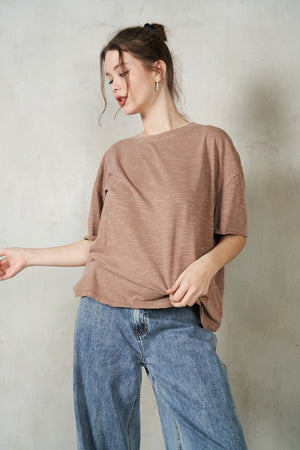 LABIZ Women's Top TAUPE / S Raw Edge Cotton Slub T-Shirt || David's Clothing MT37202