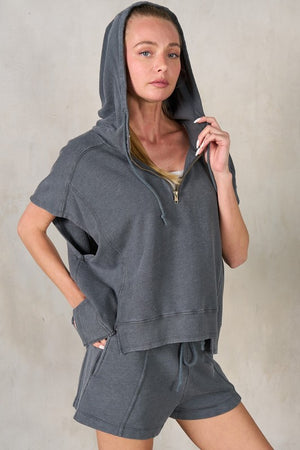 LEBIZ Women's Top Half Zip-Up Short Sleeve Hoodie || David's Clothing