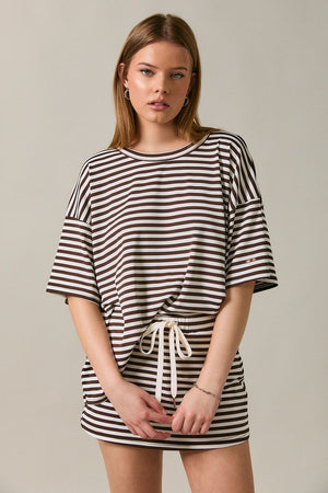 LELIS COLLECTION BRN/WHIT / XS Short Sleeve Round Neck Oversized Stripe T-shirt IT6334NEW