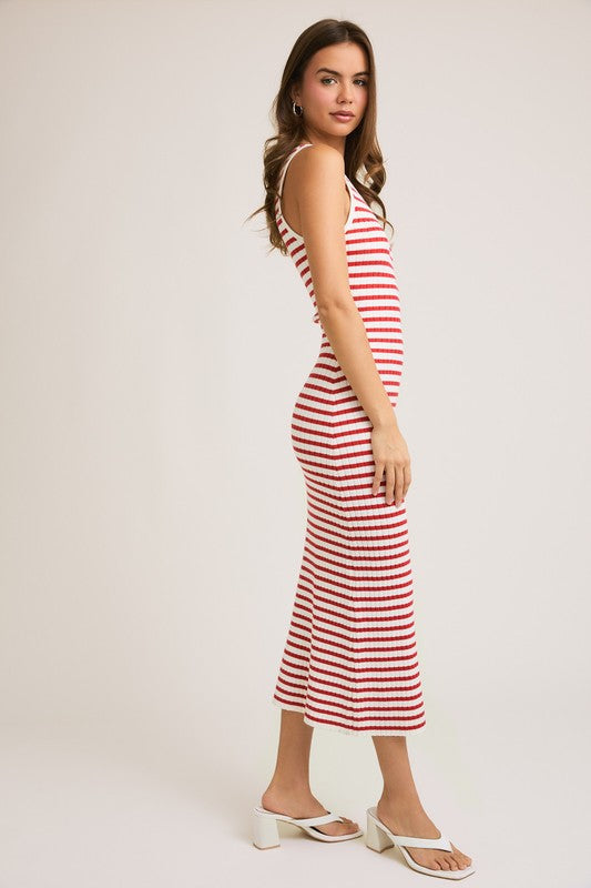 LELIS COLLECTION Women's Dresses WHT/RED / XS Sleeveless Round Neck Striped Rib Sweater Dress || David's Clothing IWD4406
