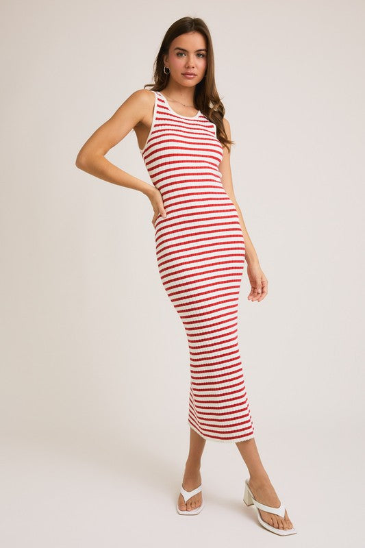 LELIS COLLECTION Women's Dresses WHT/RED / XS Sleeveless Round Neck Striped Rib Sweater Dress || David's Clothing IWD4406