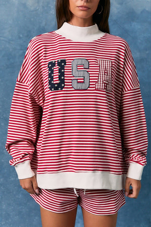 LELIS COLLECTION Women's Sweatshirt Stripe Mock Neck USA Sweatshirt