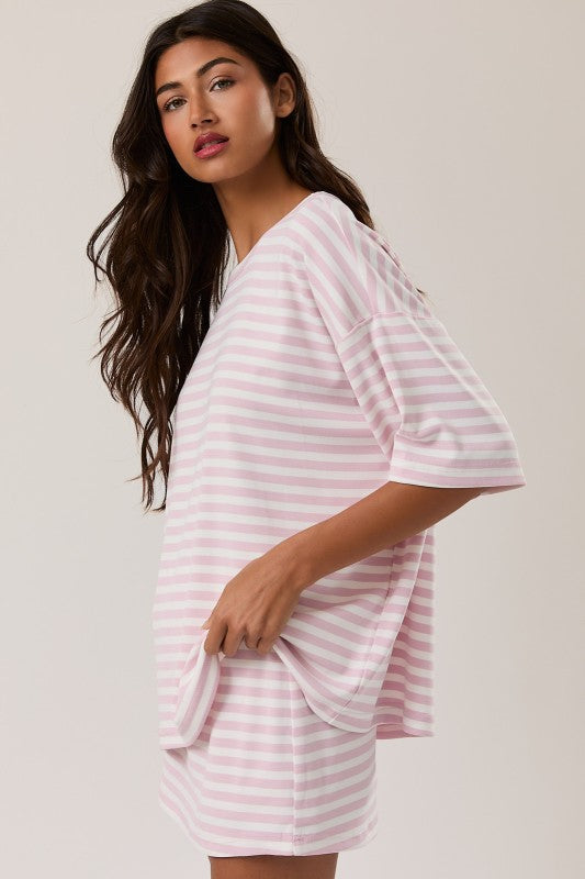 LELIS COLLECTION Women's Top Short Sleeve Round Neck Oversized Stripe T-shirt