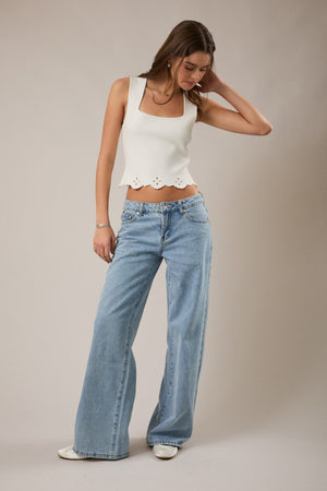 LELIS COLLECTION Women's Top Square Neck Eyelet Detail Scallop Hem Sweater Top