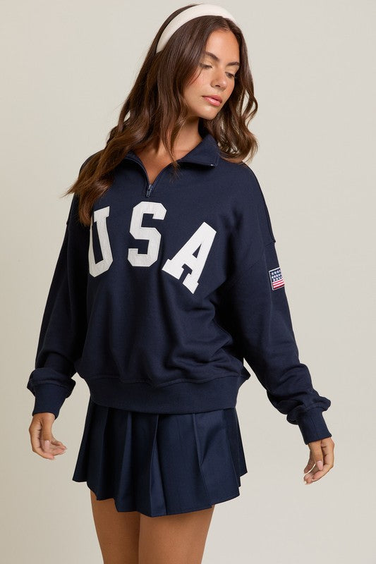 LELIS COLLECTION Women's Top USA Contrast Half Zip Oversized Sweatshirt || David's Clothing