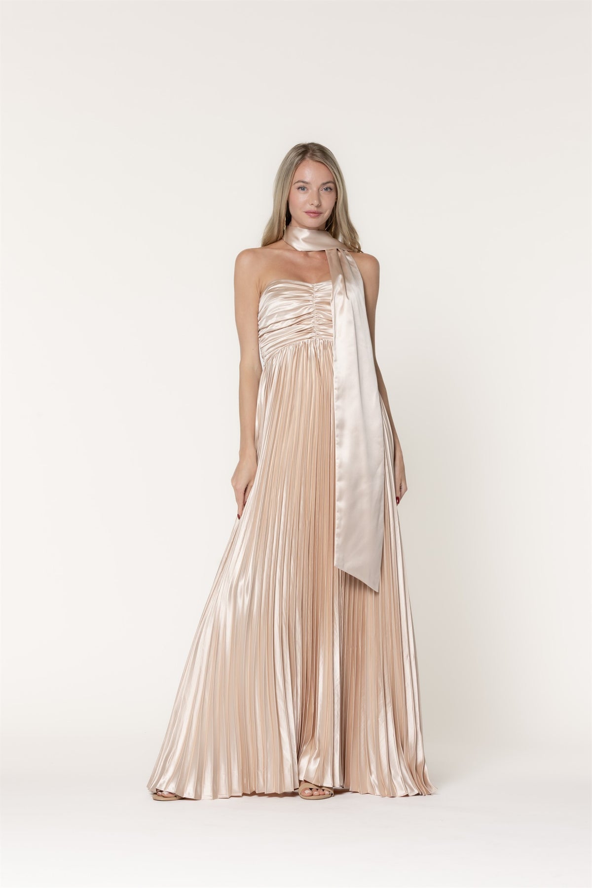 LENA Women's Dresses CHAMPAGNE / S Scarf Detail Pleated Satin Sweetheart Neckline Maxi D8465