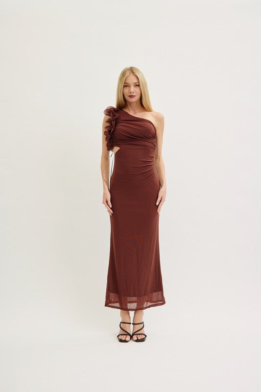 LENA Women's Dresses Frill And Cutout Waist Detail One Shoulder Mesh Maxi Dress