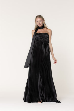 LENA Women's Dresses Scarf Detail Pleated Satin Sweetheart Neckline Maxi