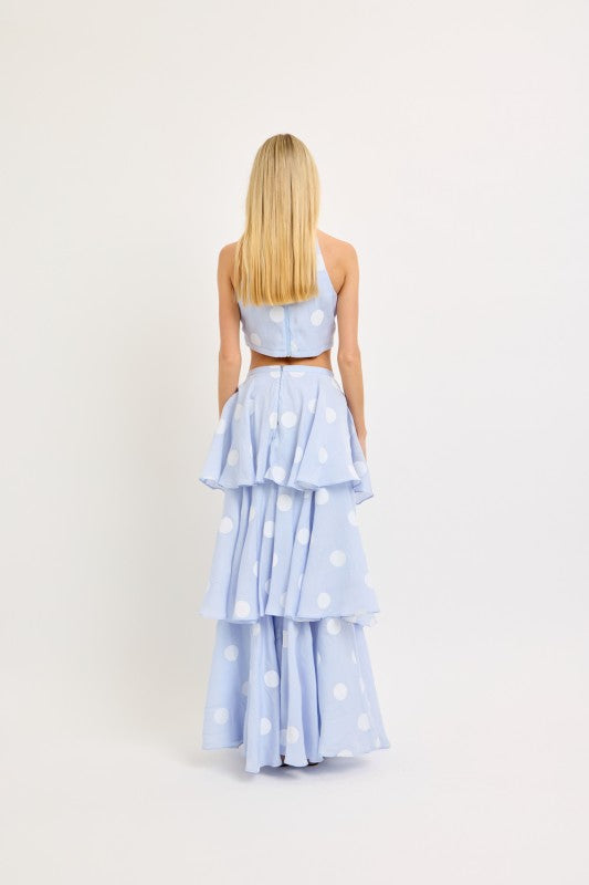 LENA Women's Skirts Big Polka Dot Halter Neck Top And Layerd Maxi Skirt Set