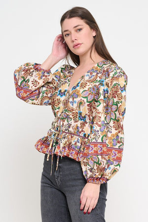 MEET ME IN SANTORINI Women's Top  Regal Tapestry Long Sleeve Blouse || David's Clothing