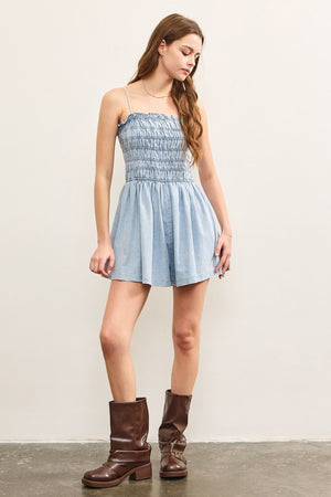 MUSTARD SEED Women's Dresses Gathered Flare Sleeveless Denim Romper || David's Clothing