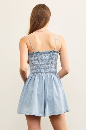 MUSTARD SEED Women's Dresses Gathered Flare Sleeveless Denim Romper || David's Clothing