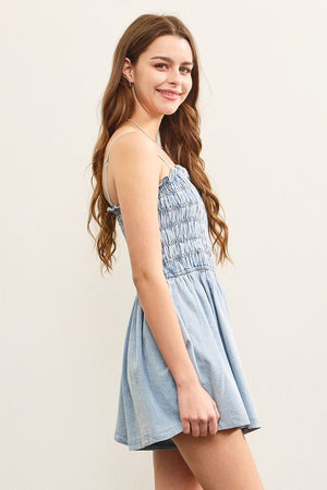 MUSTARD SEED Women's Dresses Gathered Flare Sleeveless Denim Romper || David's Clothing