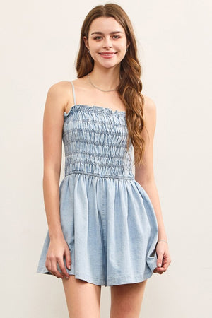 MUSTARD SEED Women's Dresses Gathered Flare Sleeveless Denim Romper || David's Clothing