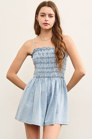 MUSTARD SEED Women's Dresses Gathered Flare Sleeveless Denim Romper || David's Clothing