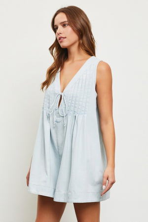 MUSTARD SEED Women's Dresses Tie With Pleated Denim Romper || David's Clothing