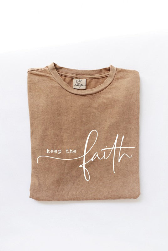 Oat Collective Women's Tee Keep The Faith Mineral Washed Graphic Top || David's Clothing