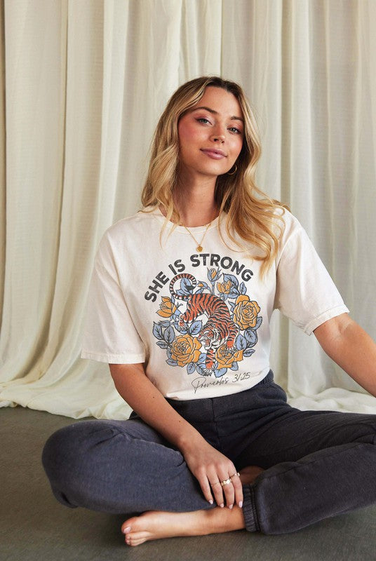Oat Collective Women's Tee She Is Strong Mineral Graphic Top || David's Clothing