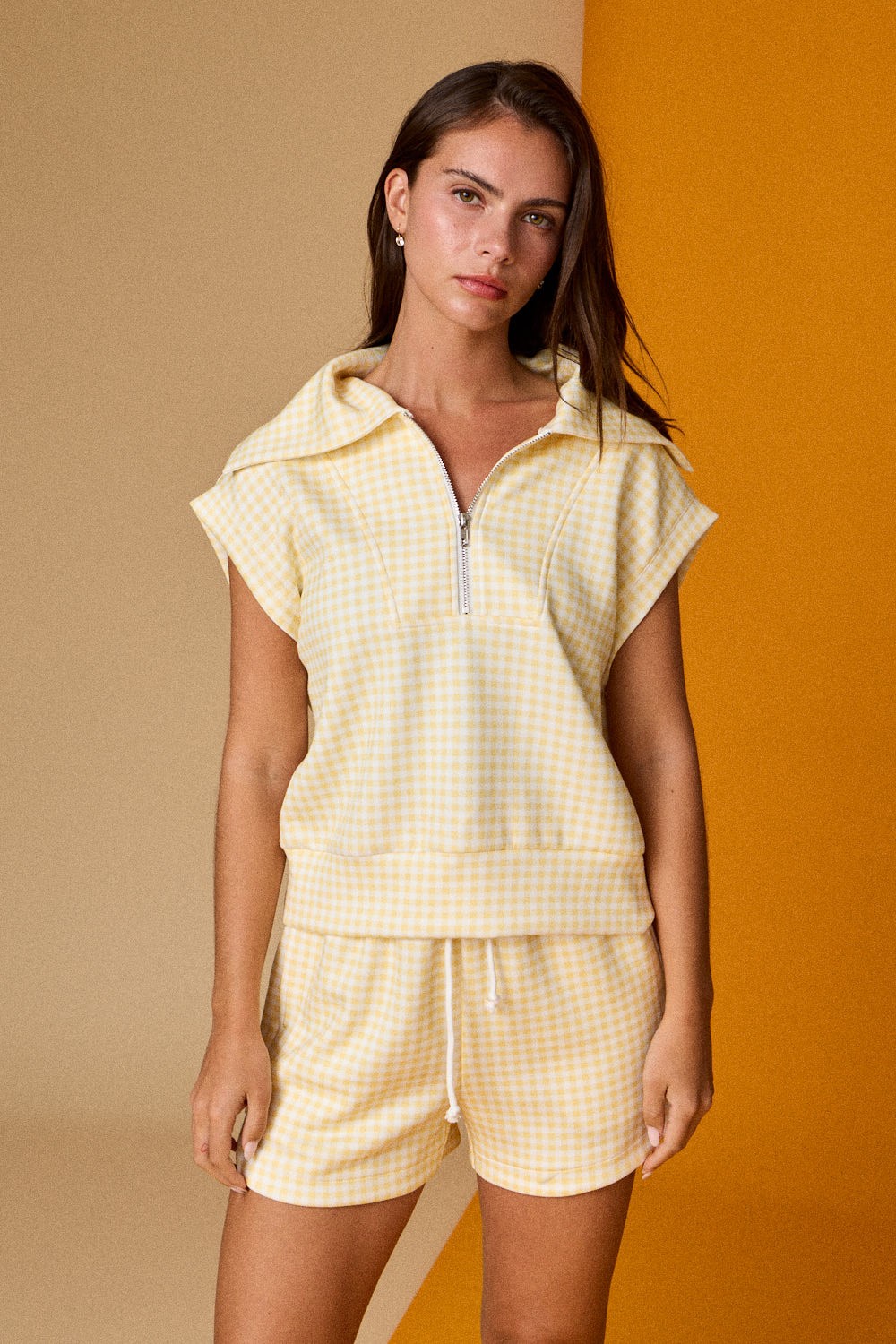PAPER MOON Women's Set Gingham Quarter Zip Sleeveless Set