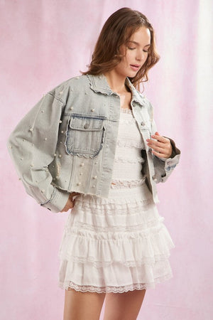 PEACH LOVE 19-Women Jackets Scallop Detailed Pearl Embellished Denim Jacket || David's Clothing