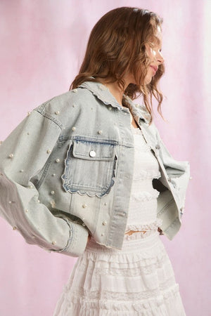 PEACH LOVE 19-Women Jackets Scallop Detailed Pearl Embellished Denim Jacket || David's Clothing