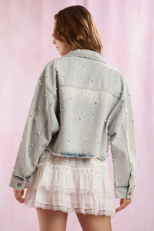 PEACH LOVE 19-Women Jackets Scallop Detailed Pearl Embellished Denim Jacket || David's Clothing