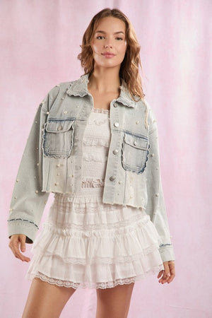 PEACH LOVE 19-Women Jackets Scallop Detailed Pearl Embellished Denim Jacket || David's Clothing