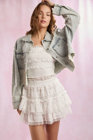 PEACH LOVE 19-Women Jackets Scallop Detailed Pearl Embellished Denim Jacket || David's Clothing