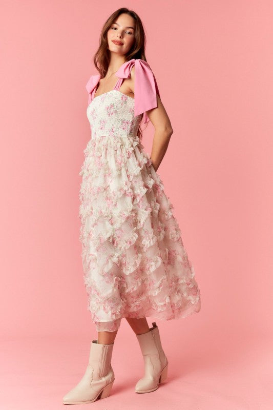 PEACH LOVE Women's Dresses Bow Tie Strap Floral Smocked Organza Midi Dress