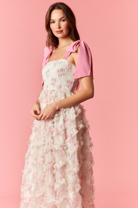 PEACH LOVE Women's Dresses Bow Tie Strap Floral Smocked Organza Midi Dress