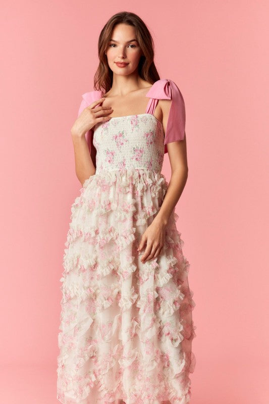 PEACH LOVE Women's Dresses Bow Tie Strap Floral Smocked Organza Midi Dress